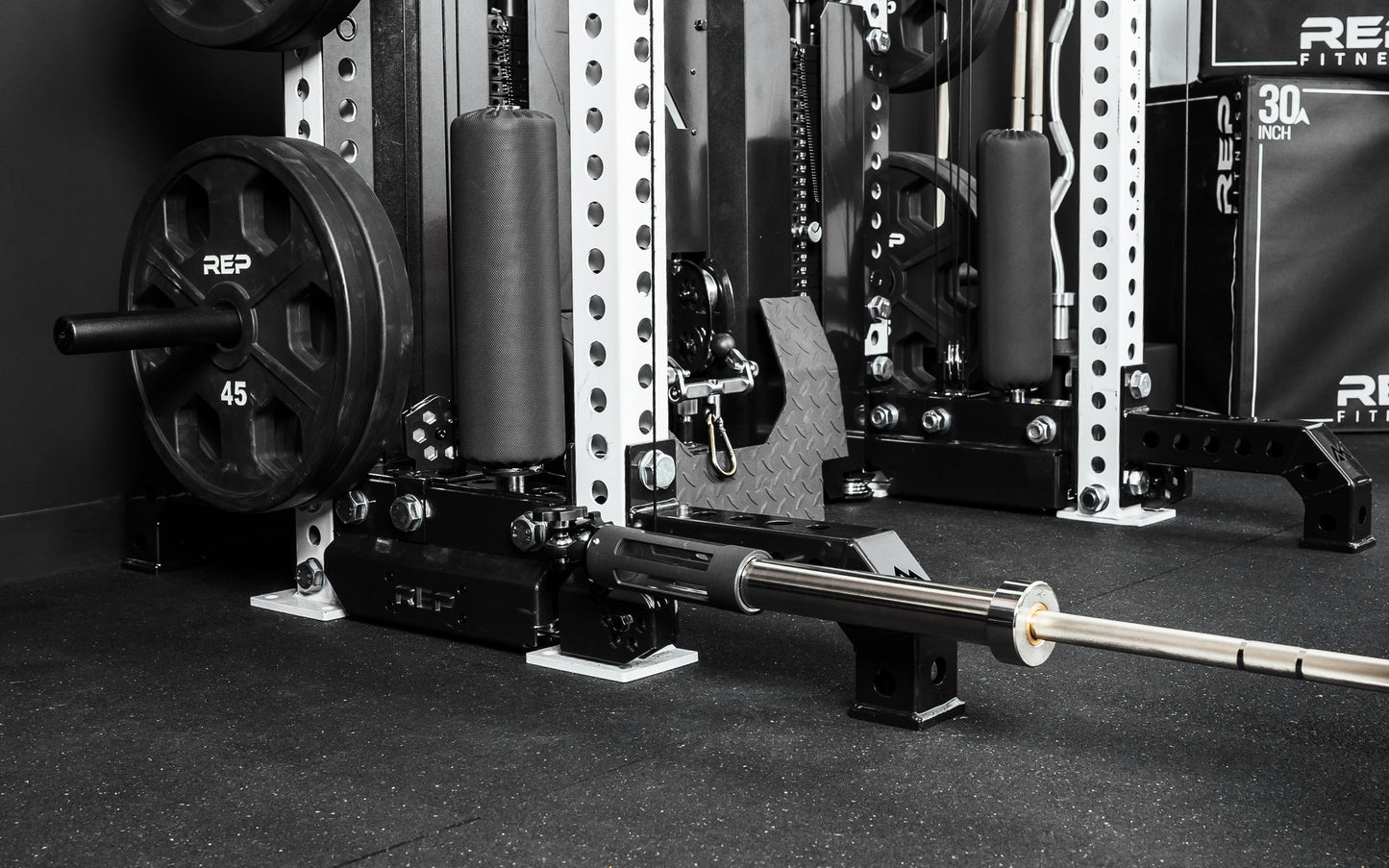 The Rack Mounted REP® x Kleva Built® Adroit Landmine installed on a REP 5000 series Front Foot Extension